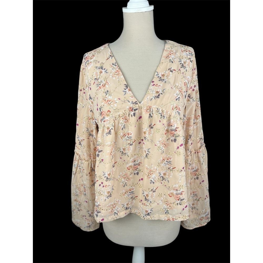 Living‎ My Best Style x Pink Lily Floral Bell Sleeve Retro Fairy Blouse Gold XL